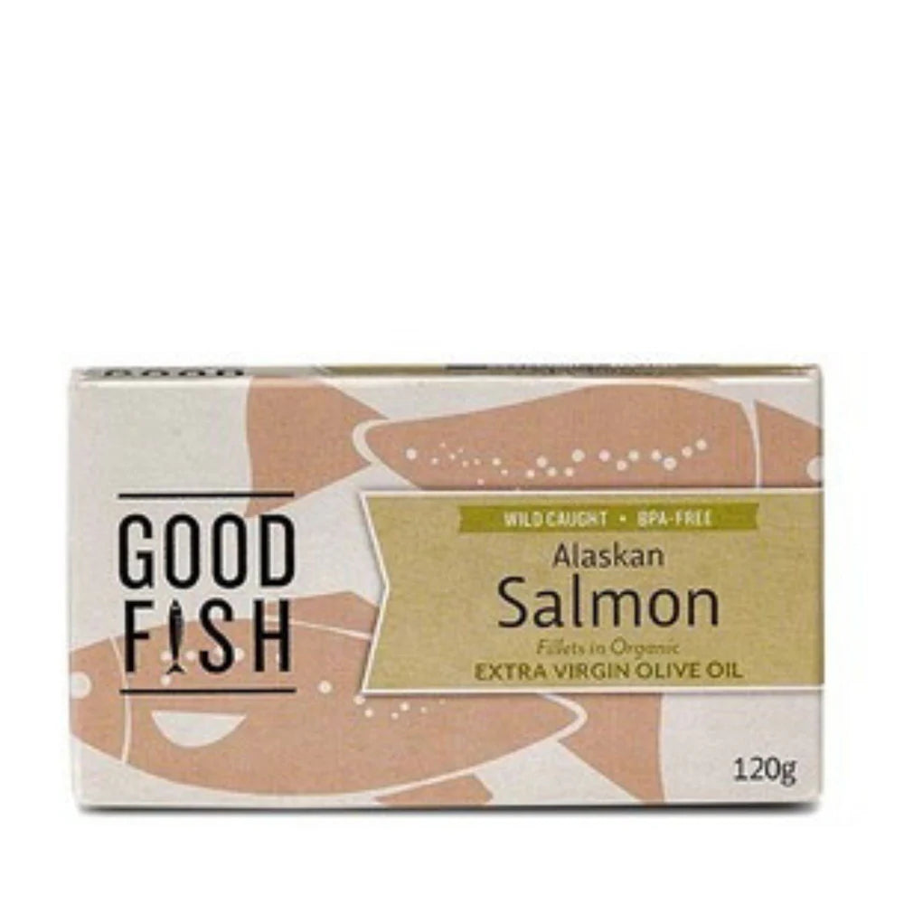GOOD FISH ALASKAN SALMON IN ORGANIC EXTRA VIRGIN OLIVE OIL CAN (125g)