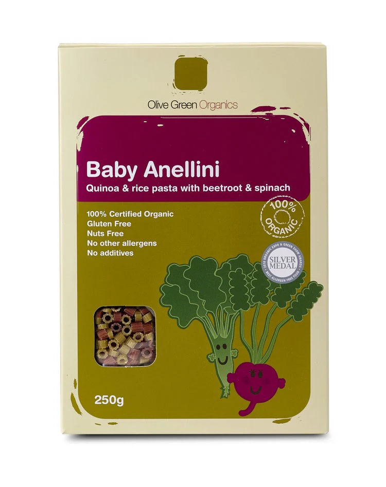 OLIVE GREEN ORGANICS BABY ANELLINI VEG - QUINOA & RICE W SPINACH & BEETROOT (250g)