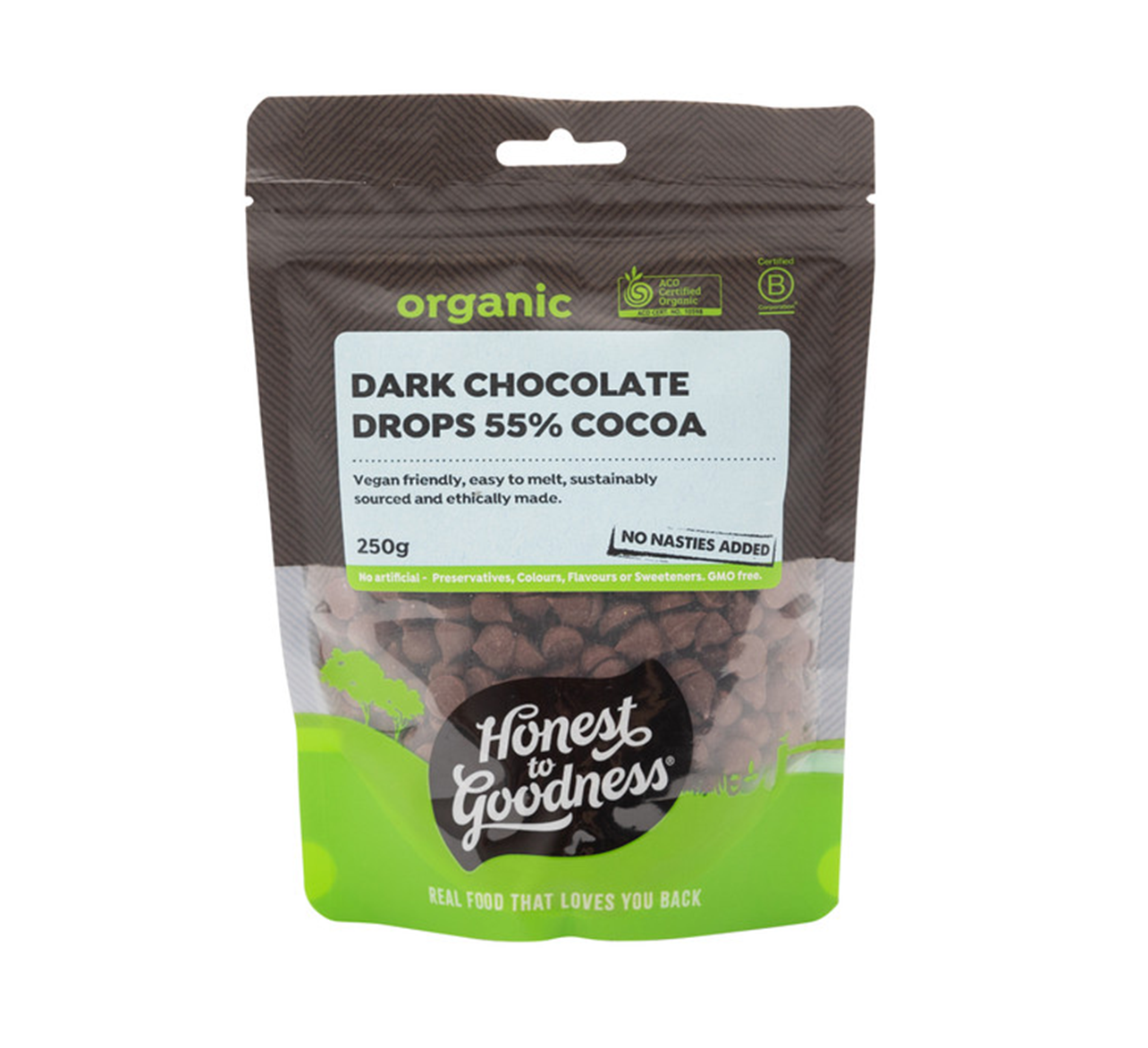 HONEST TO GOODNESS ORGANIC DARK CHOCOLATE DROPS 55% COCOA (250g)