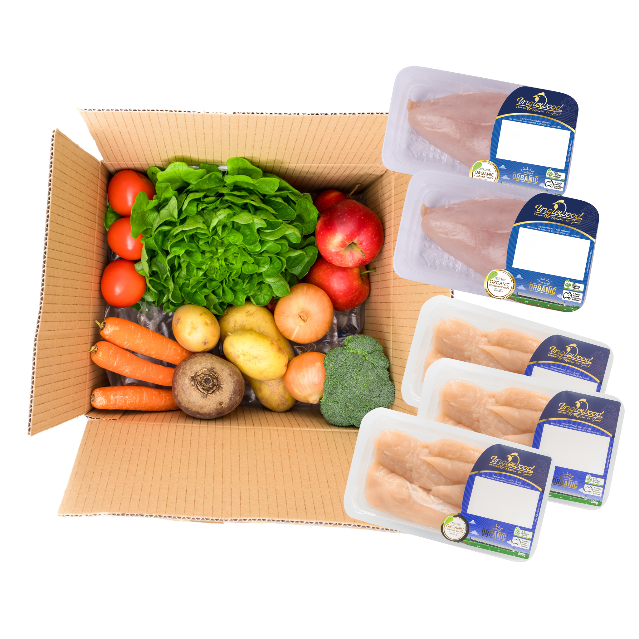 ORGANIC FRUIT & VEG + ORGANIC CHICKEN BREAST (1KG) & TENDERLOINS (1KG) VALUE BOX