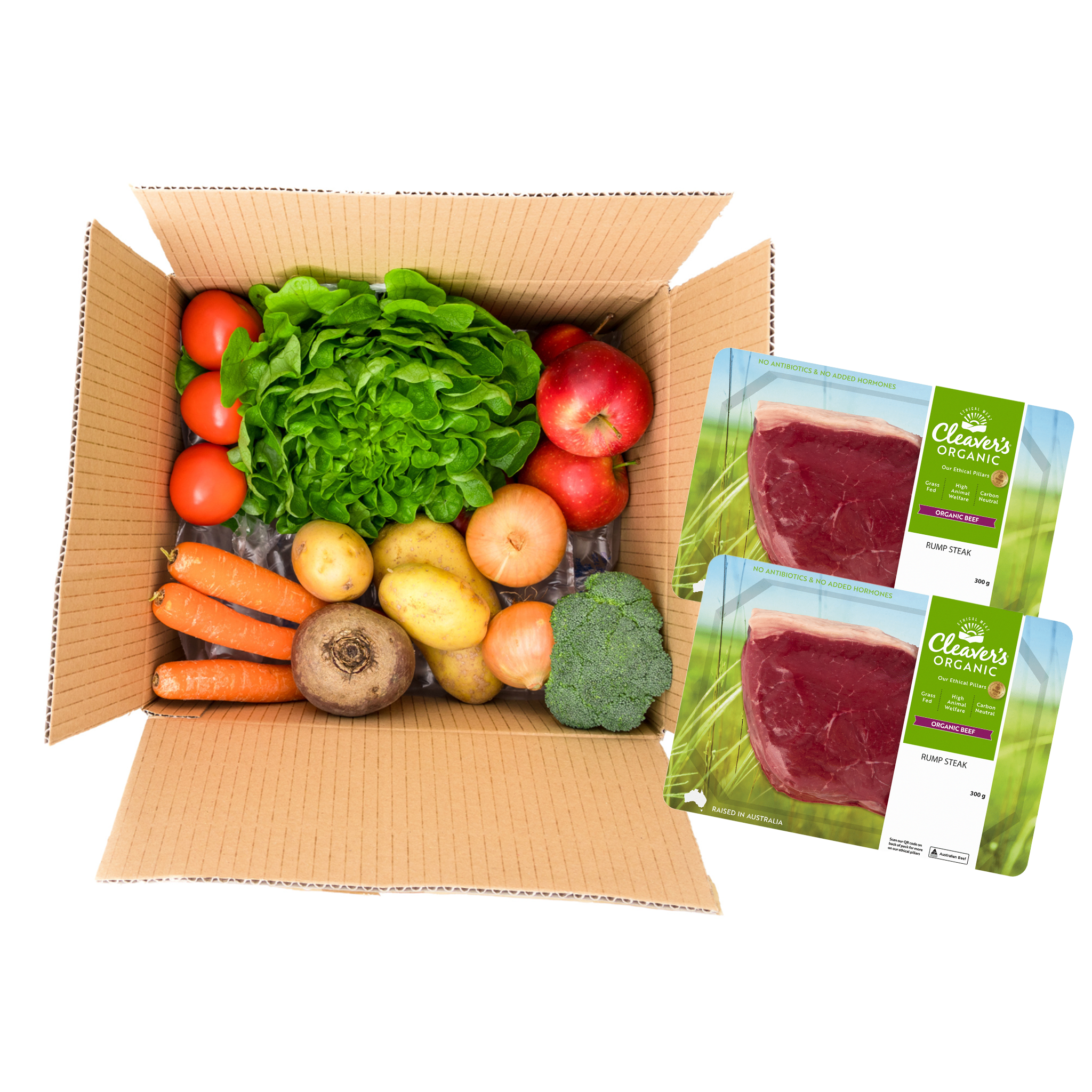 ORGANIC FRUIT & VEG + GRASS FED RUMP STEAK VALUE BOX