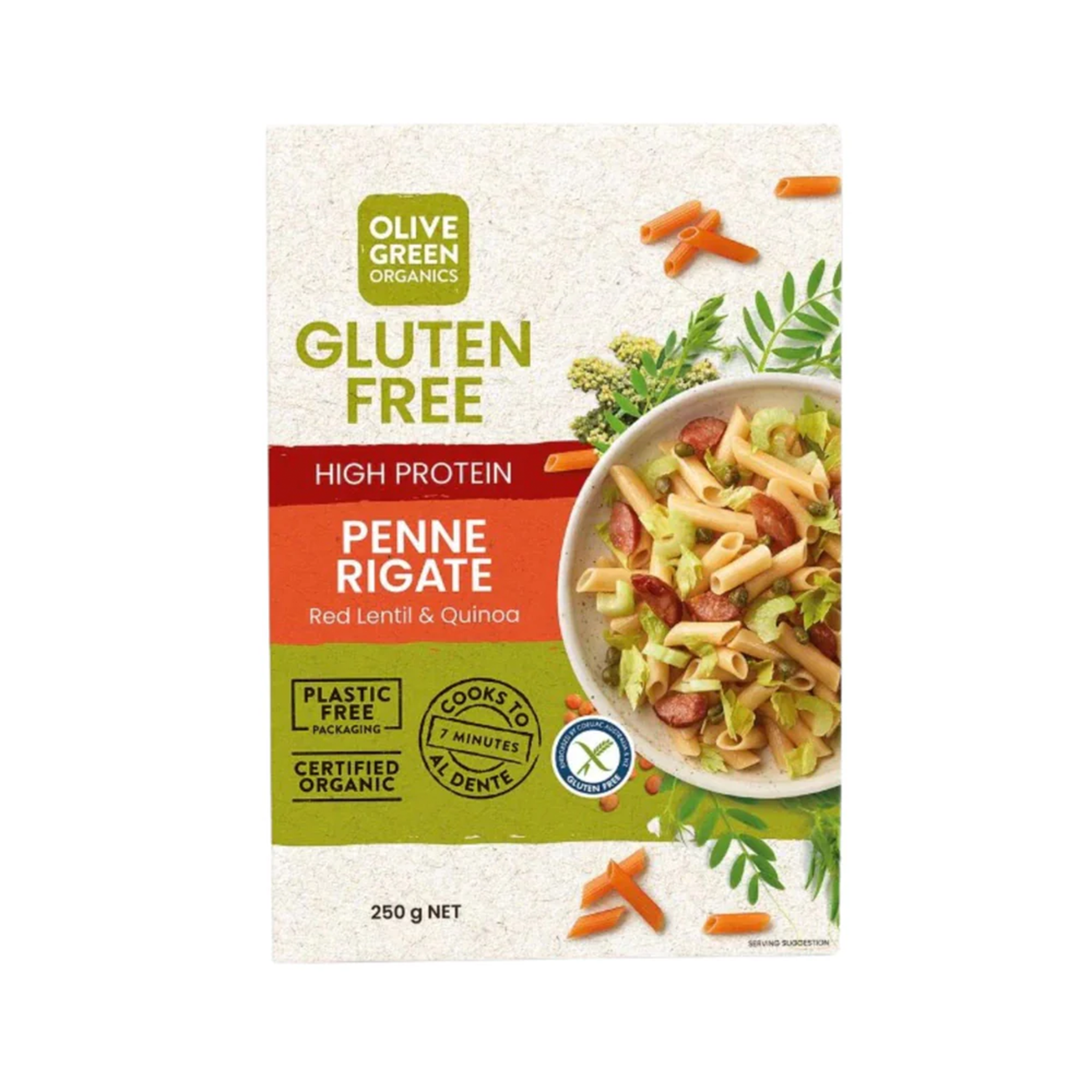 OLIVE GREEN ORGANICS HIGH PROTEIN PENNE - RED LENTIL & QUINOA (250g)