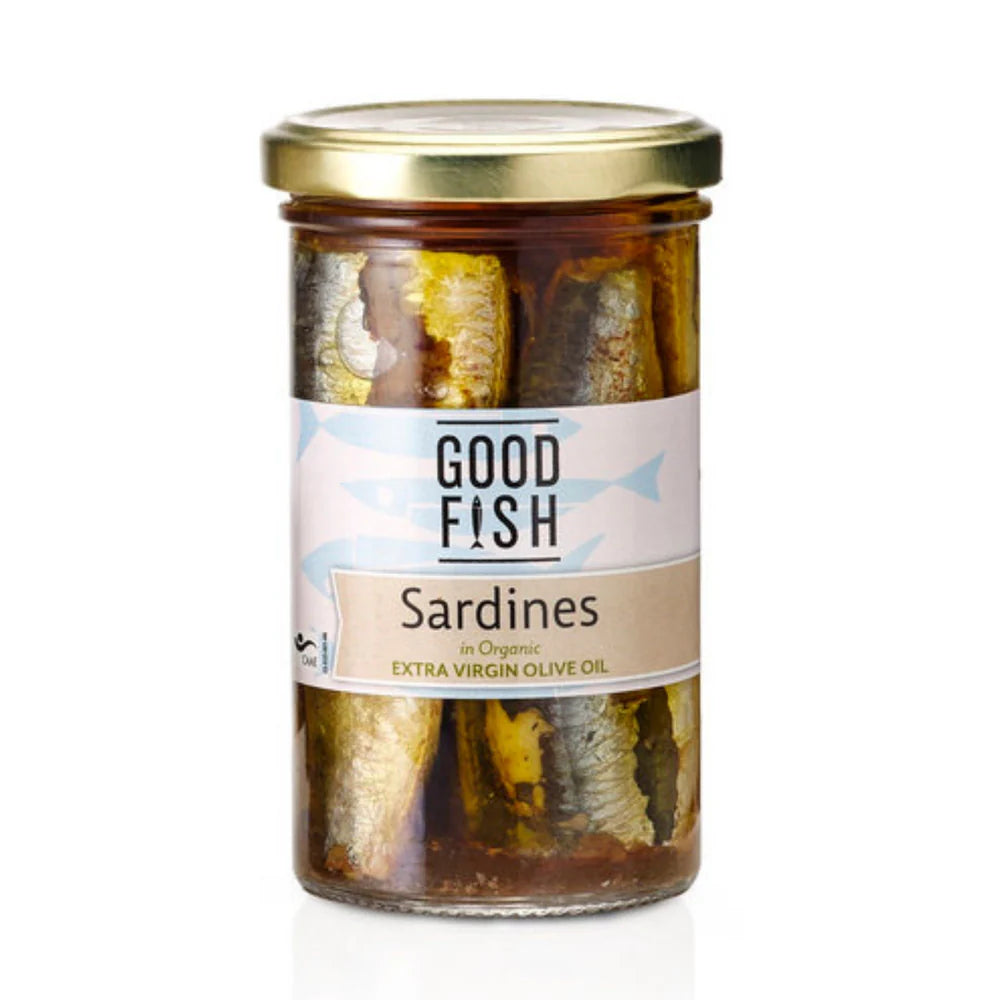 GOOD FISH SARDINES IN ORGANIC EXTRA VIRGIN OLIVE OIL JAR (195g)