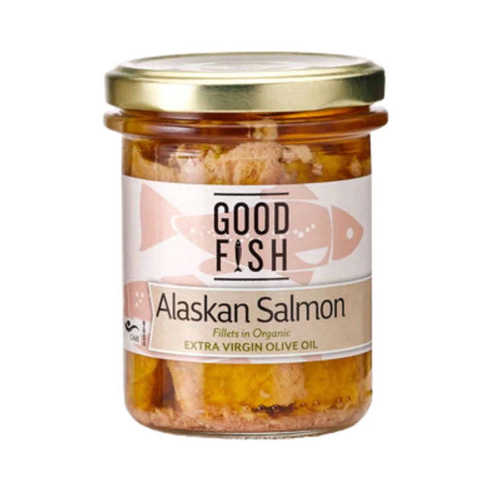 GOOD FISH ALASKAN SALMON IN ORGANIC EXTRA VIRGIN OLIVE OIL JAR (195g)
