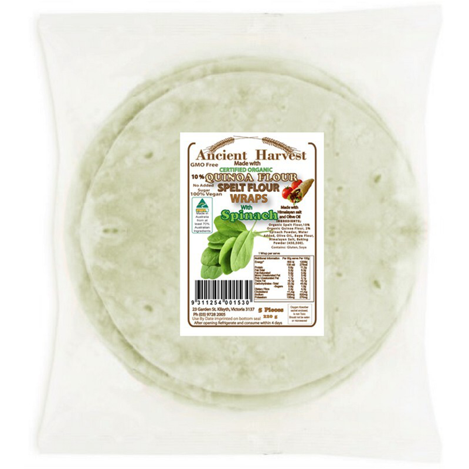 ANCIENT HARVEST ORGANIC SPELT FLOUR SPINACH WRAPS (220g)