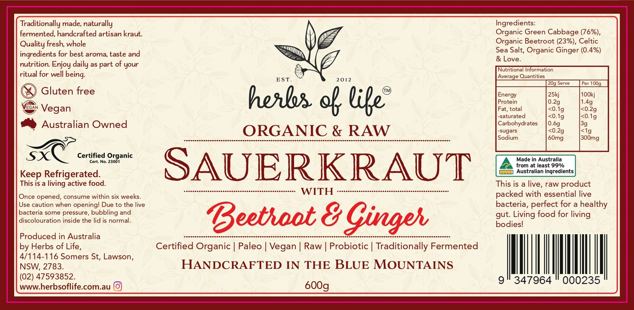 HERBS OF LIFE SAUERKRAUT W BEETROOT & GINGER (380g)