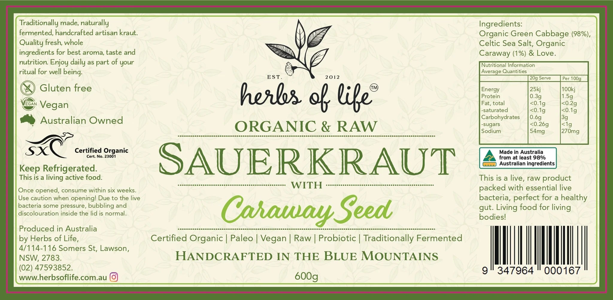 HERBS OF LIFE SAUERKRAUT W CARRAWAY SEED (380g)