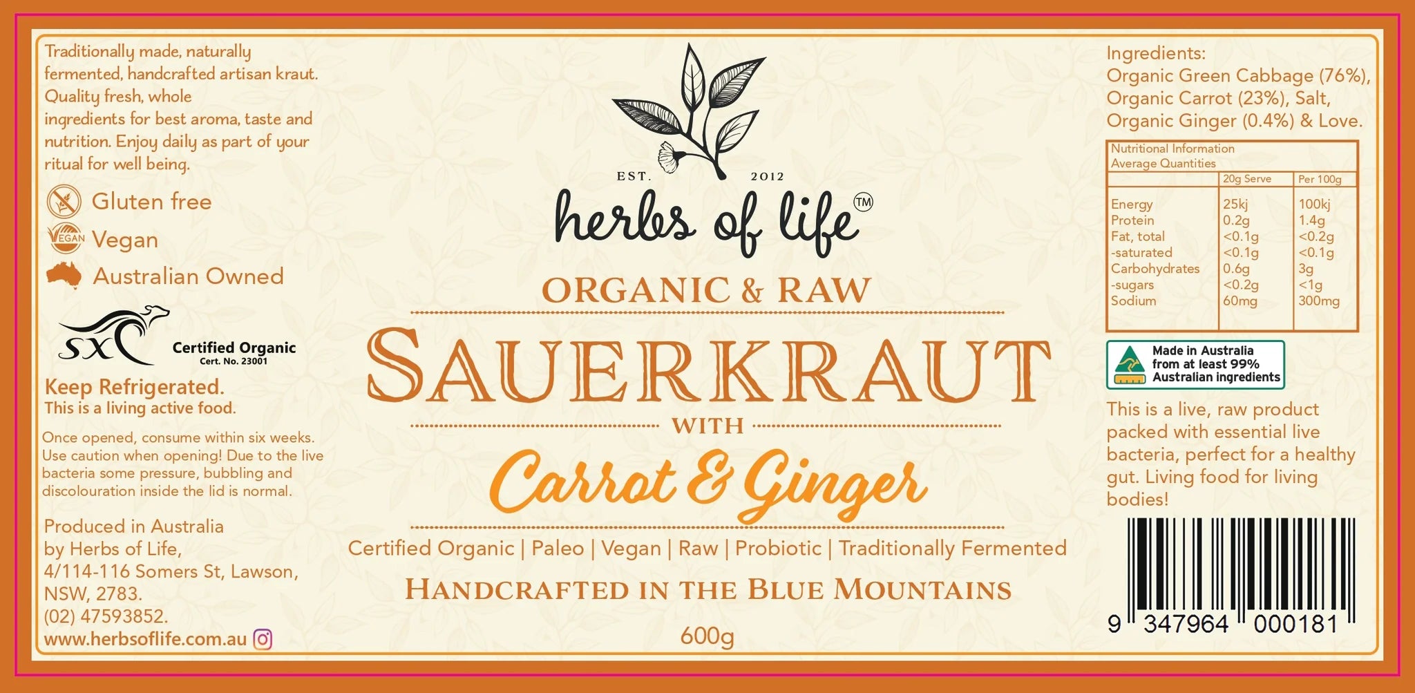HERBS OF LIFE SAUERKRAUT W CARROT & GINGER (380g)