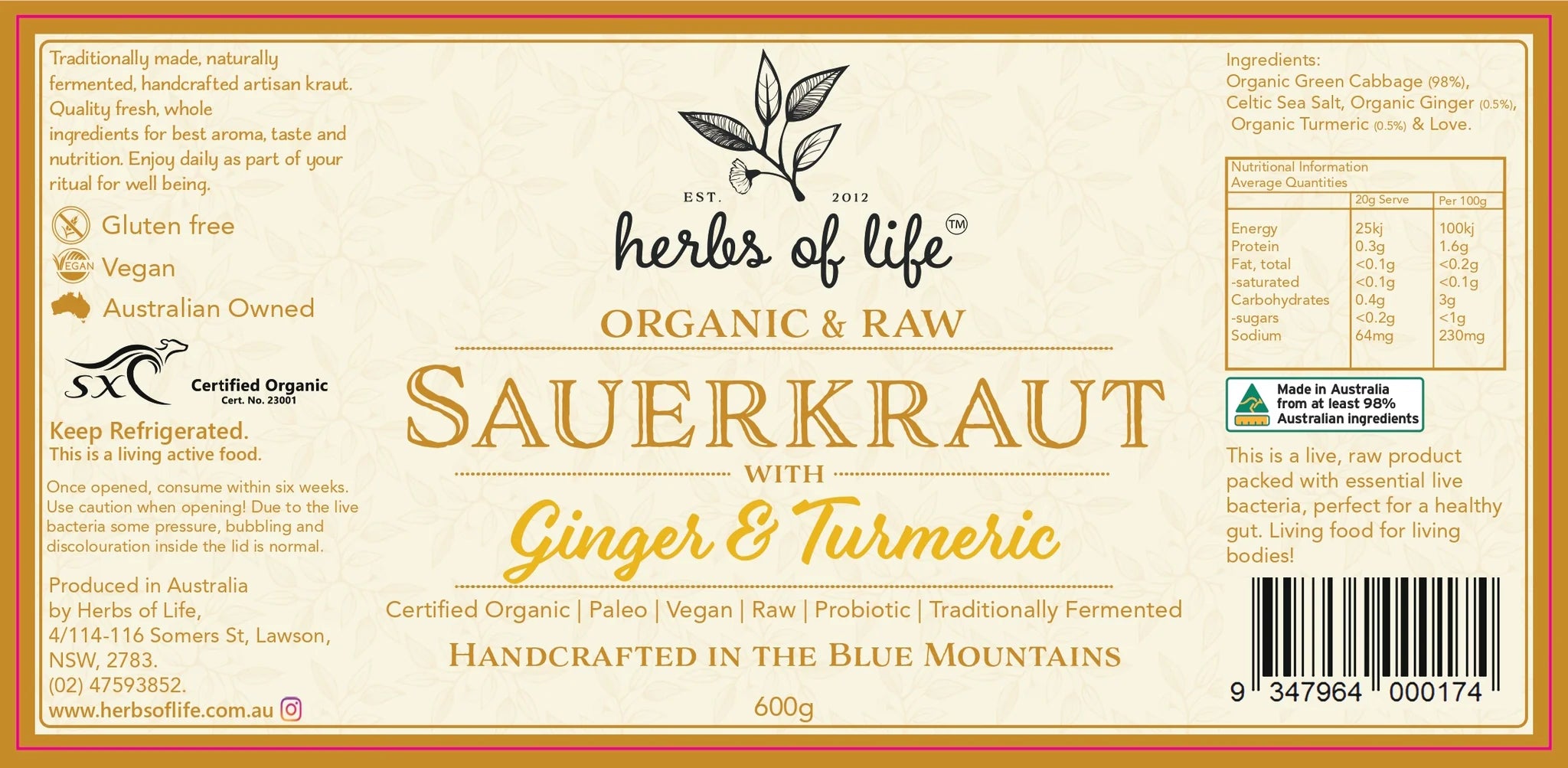 HERBS OF LIFE SAUERKRAUT W GINGER & TURMERIC (380g)