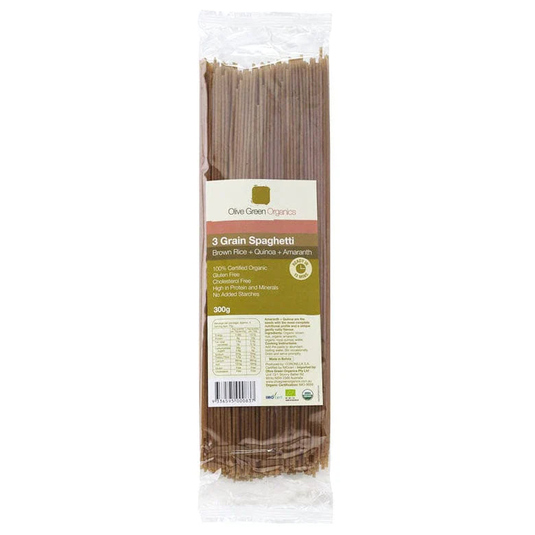 OLIVE GREEN ORGANICS TRI GRAIN SPAGHETTI - QUINOA, BROWN RICE & AMARANTH (300g)